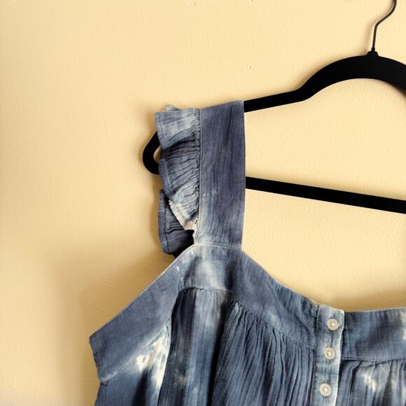 True Craft Blue + White Tie Dye Square Neck Ruffle Sleeve Tank Top - 1X - Picture 3 of 9